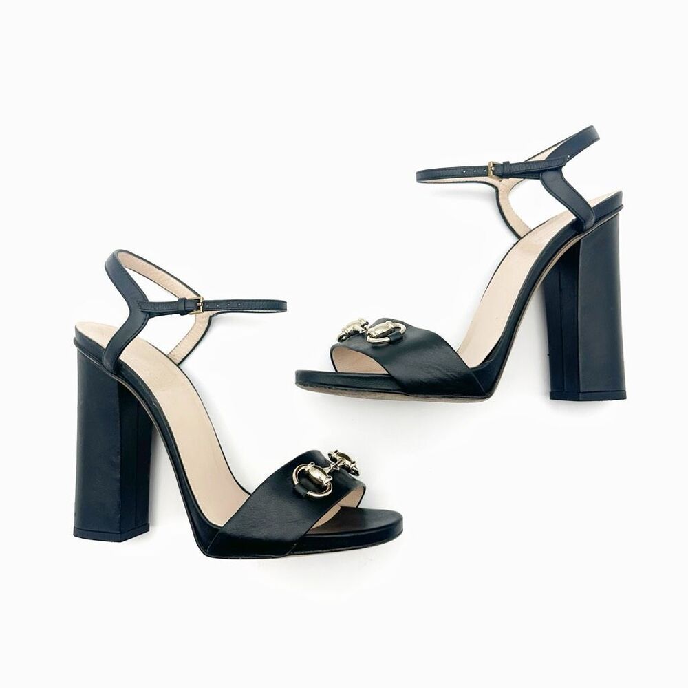 GUCCI Horsebit Black Leather Heeled Sandal Size 38 Leather Block Claudie - Picture 8 of 13
